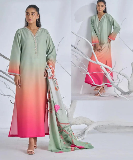 3 Pc swiss lawn multicolor stitched suit with printed duppata