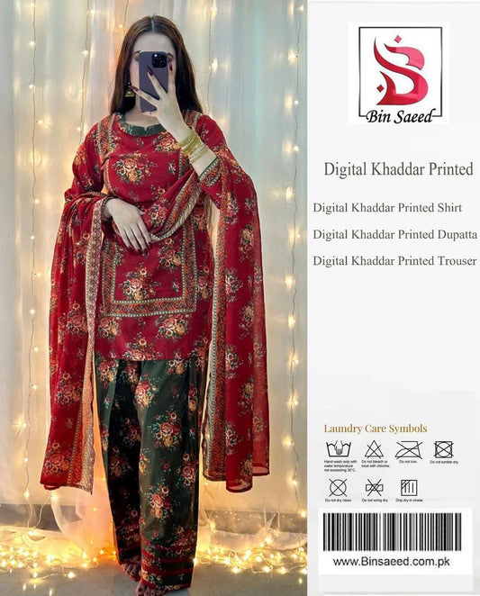 3 Pc khaddar unstitched printed suit for women