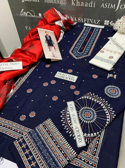 3 Pc Women's Unstitched Embroidered Suit