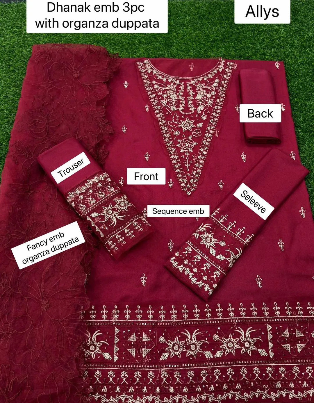 Chic Red Embroidered Suit Set with Organza Duppata