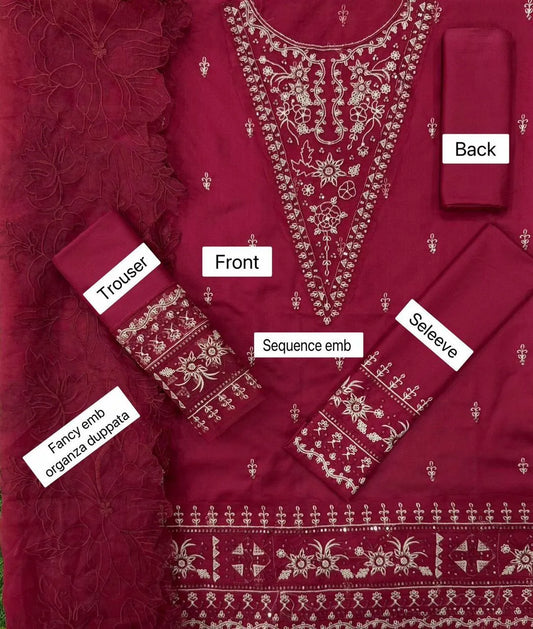 Chic Red Embroidered Suit Set with Organza Duppata