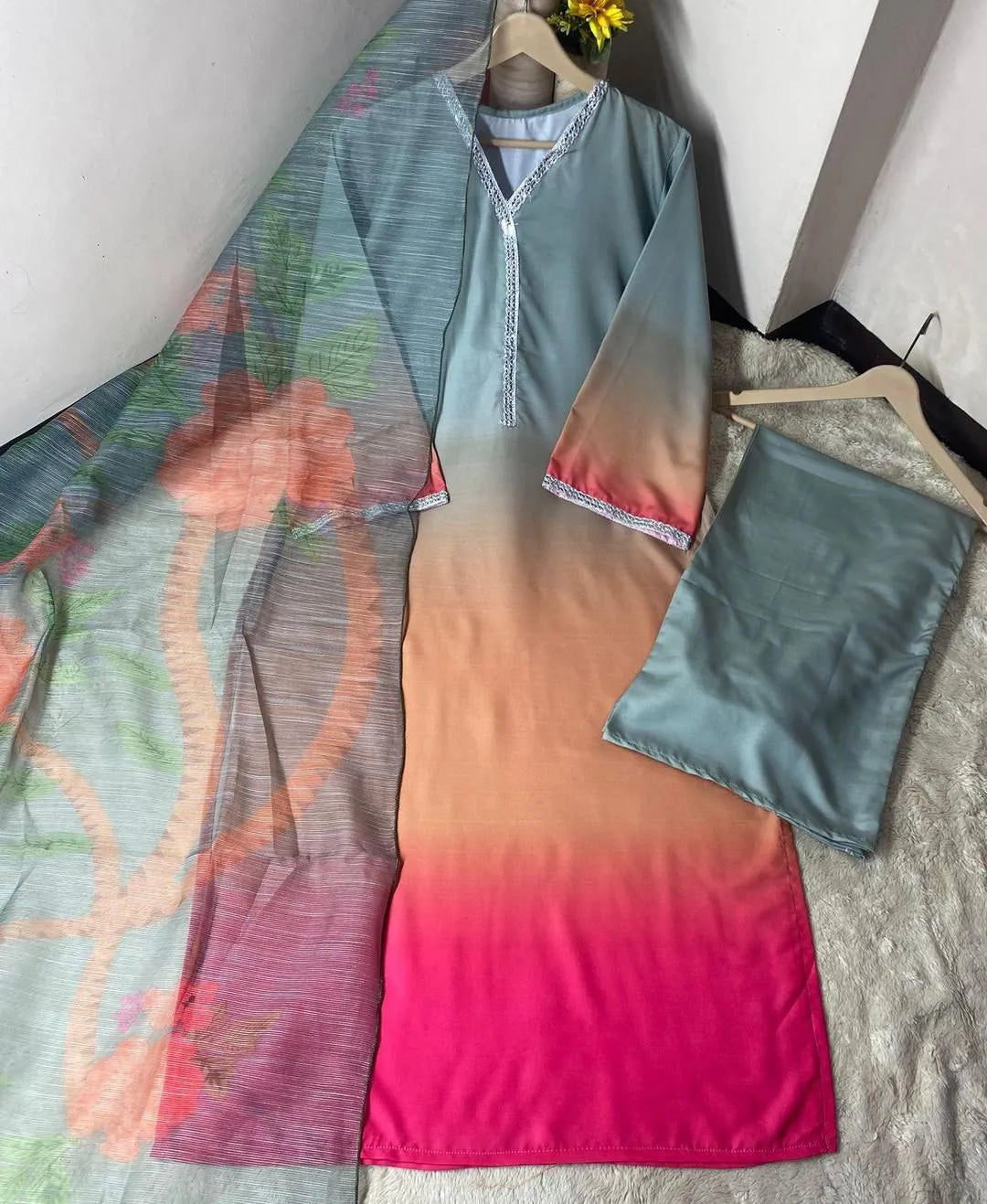 3 Pc swiss lawn multicolor stitched suit with printed duppata