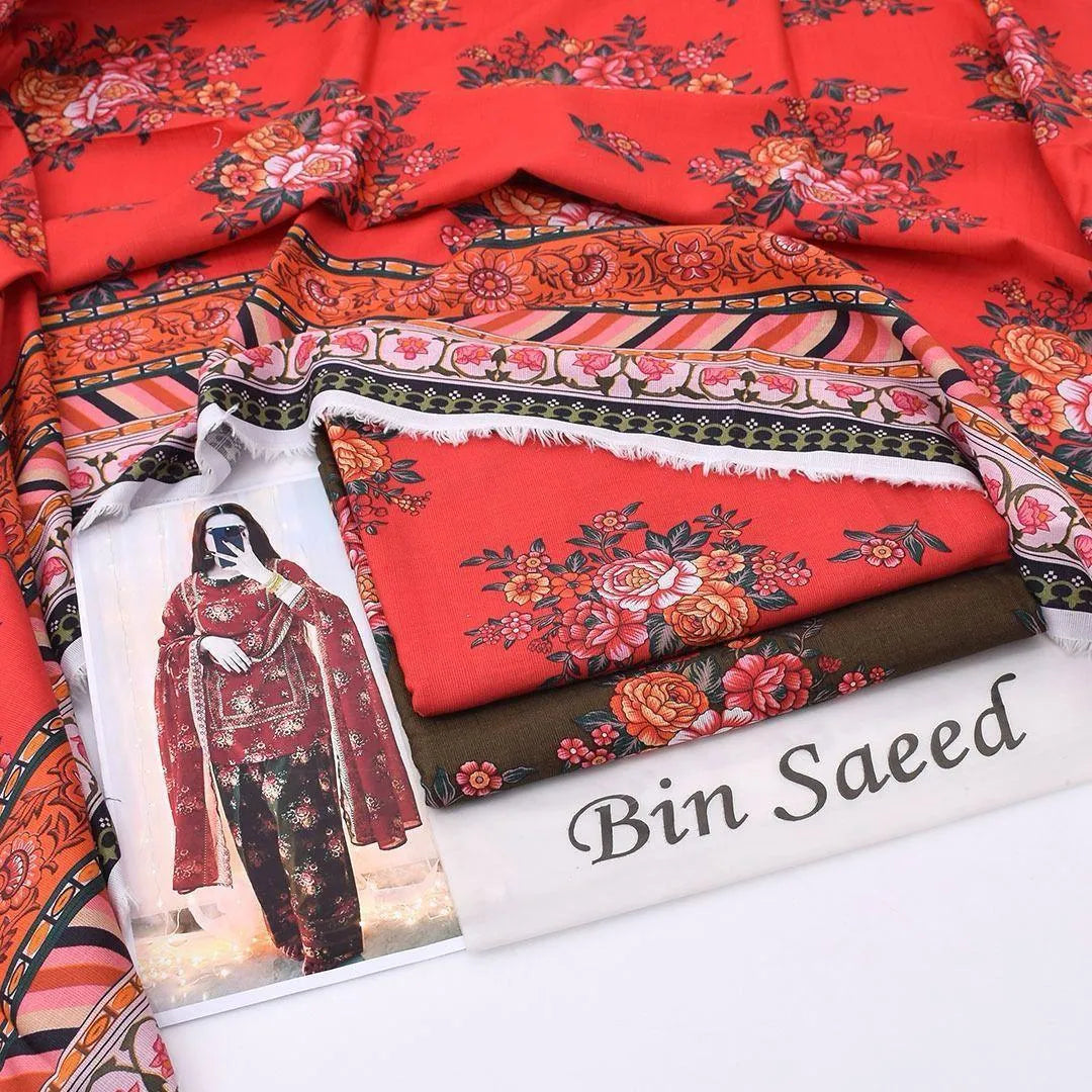 3 Pc khaddar unstitched printed suit for women