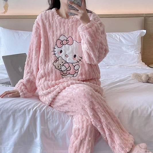Hello kitty cute fleece pajama set for winter